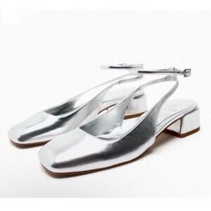 Zara Silver Slingback Block Heels with Ballerina/Square Tor